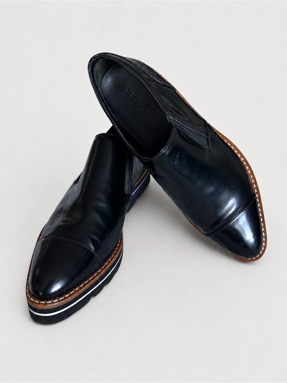 Vince Alona Platform Slip On Cap Toe Oxfords Black Leather Lug Sole Womens 8 8.5